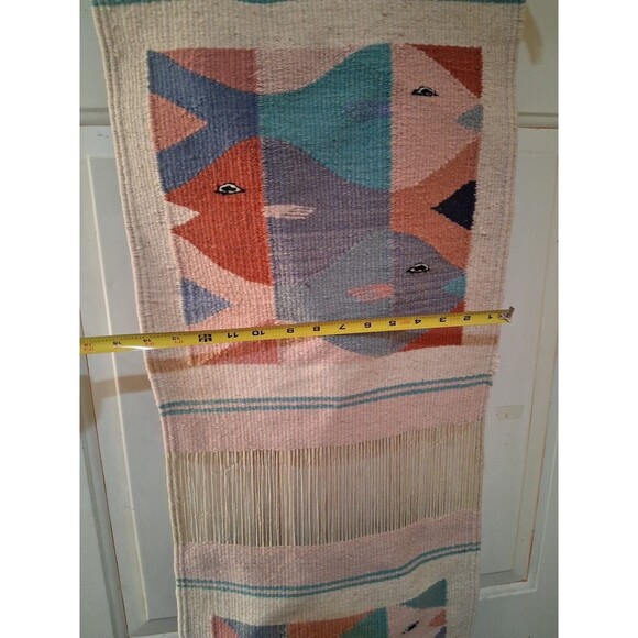 Vintage Zapotec Oaxacan Woven Wool Fish Stories Rug Wall Decor Table Runner - Picture 7 of 8
